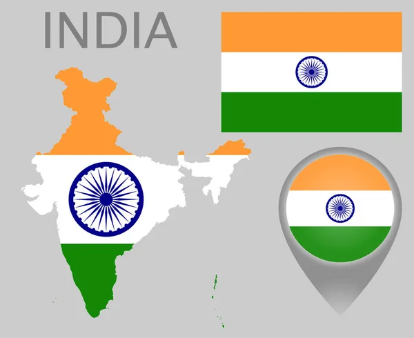 Πολύχρωμο Σημαία Χάρτη Δείκτη Και Χάρτη Της Ινδίας Χρώματα Της — Διανυσματικό Αρχείο