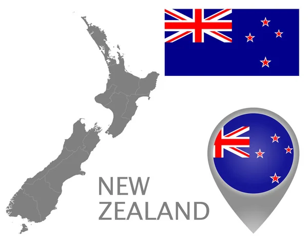 Bunte Fahne Kartenzeiger Und Graue Karte Von Neuseeland Mit Den — Stockvektor
