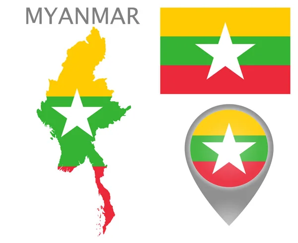 Kleurrijke Vlag Kaart Aanwijzer Kaart Van Myanmar Kleuren Van Vlag — Stockvector