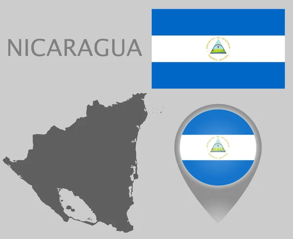Bunte Fahne Kartenzeiger Und Graue Leere Karte Des Nicaragua Hohe — Stockvektor