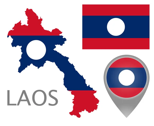 Bunte Fahne Kartenzeiger Und Karte Von Laos Den Farben Der — Stockvektor