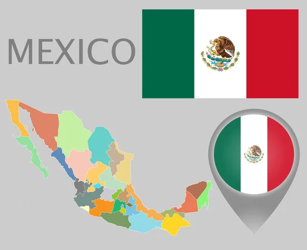 Bandera Colorida Puntero Mapa Mapa México Con Las Divisiones Administrativas — Vector de stock