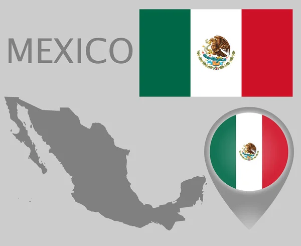 Цветной Флаг Указатель Карту Серая Пустая Карта Мексики Высокие Детали — стоковый вектор