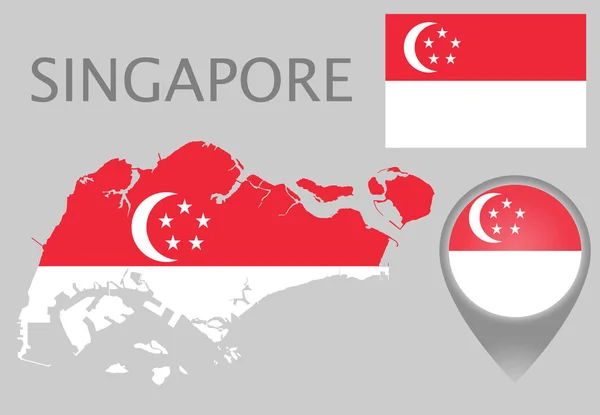 Bandiera Colorata Mappa Puntatore Mappa Singapore Nei Colori Della Bandiera — Vettoriale Stock