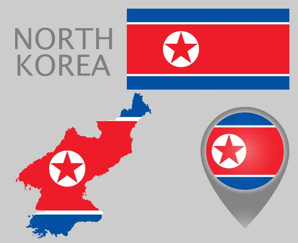 Renkli Bayrak Harita Işaretçi Kuzey Kore Haritası Kuzey Kore Bayrağı — Stok Vektör