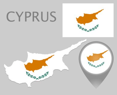 Renkli bayrak harita işaretçi ve Kıbrıs haritası Kıbrıs bayrağının renkleri. Yüksek detay. Vektör çizim