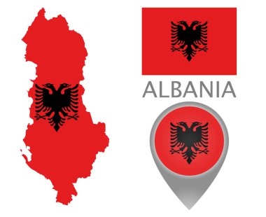 Renkli bayrak harita işaretçi ve Arnavutluk Haritası Arnavut bayrak renkleri. Yüksek detay. Vektör çizim