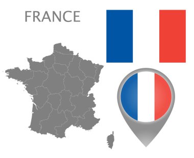 Renkli bayrak, işaretçi ve gri harita Fransa'nın idari birimleri ile eşleyin. Yüksek detay. Vektör çizim
