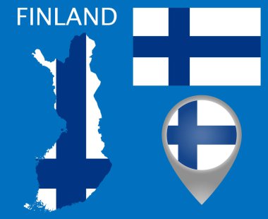 Renkli bayrak harita işaretçi ve Finlandiya Haritası Finlandiya bayrağını renkleri. Yüksek detay. Vektör çizim