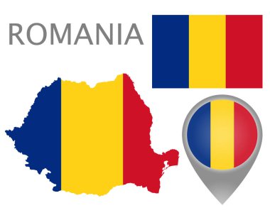 Renkli bayrak harita işaretçi ve Romanya haritası Romanya bayrak renkleri. Yüksek detay. Vektör çizim