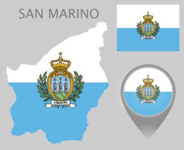 Renkli bayrak, bayrak, harita işaretçi ve San Marino haritası San Marino bayrağı renkleri. Yüksek detay. Vektör çizim