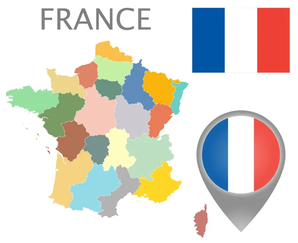Färgglada Flagga Mappa Pekaren Och Karta Över Frankrike Med Administrativa — Stock vektor