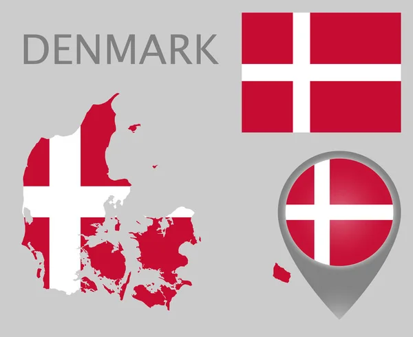 Bunte Flagge Kartenzeiger Und Landkarte Von Dänemark Den Farben Der — Stockvektor