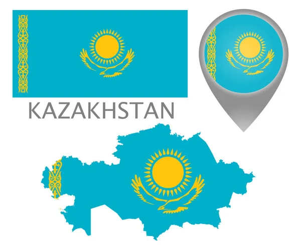 Renkli Bayrak Harita Işaretçi Kazakistan Haritası Kazak Bayrak Renkleri Yüksek — Stok Vektör