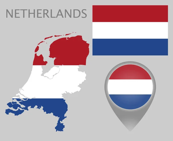 Bunte Flagge Kartenzeiger Und Karte Der Niederlande Den Farben Der — Stockvektor