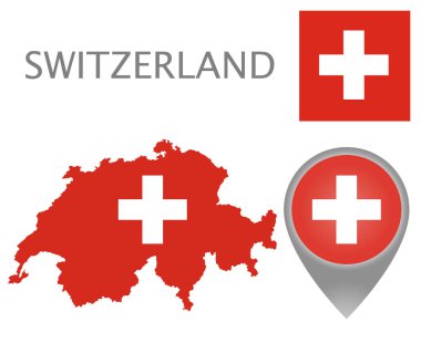 Renkli bayrak harita işaretçi ve İsviçre haritası İsviçre bayrağının renkleri. Yüksek detay. Vektör çizim