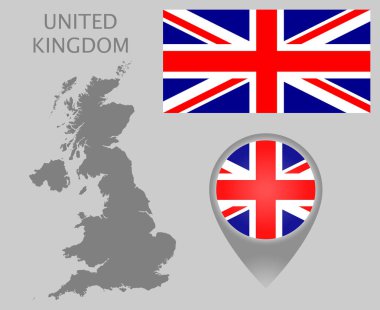 Renkli bayrak, harita işaretçi ve İngiltere gri boş haritası. Yüksek detay. Vektör çizim