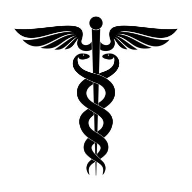 Caduceus modern iz. Tıp sembolü. Hermes değnek kanatları ve iki çapraz yılan. Beyaz bir arka plan üzerinde izole simgesi. Vektör çizim