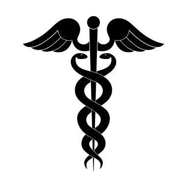 Caduceus modern iz. Tıp sembolü. Hermes değnek kanatları ve iki çapraz yılan. Beyaz bir arka plan üzerinde izole simgesi. Vektör çizim