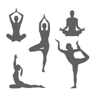 Küme yoga pozlar semboller. Kadın siluetleri farklı pozlar yoga. Beyaz arka planda, vektör illüstrasyon izole siyah işaretler
