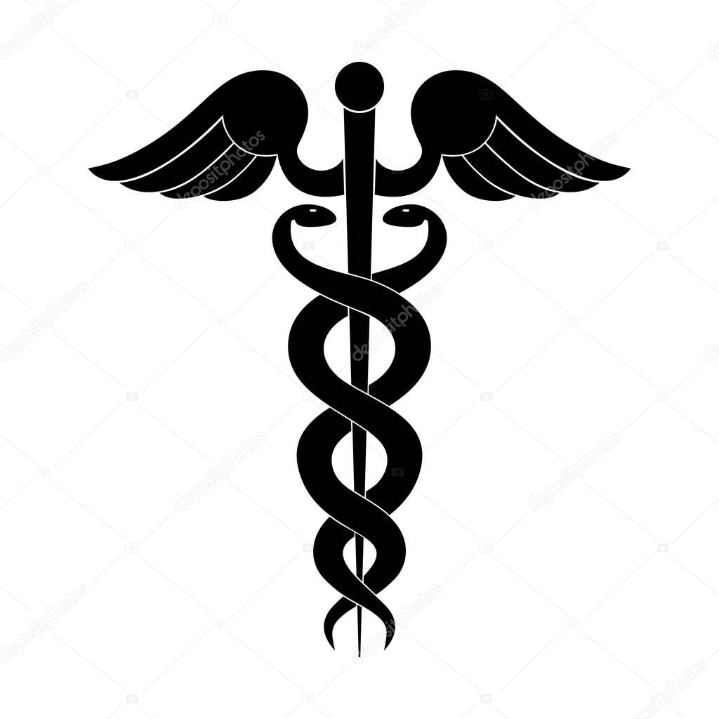 Modern sign of the caduceus. Symbol of medicine. The wand of Hermes with wings and two crossed snakes. Icon isolated on a white background. Vector illustration