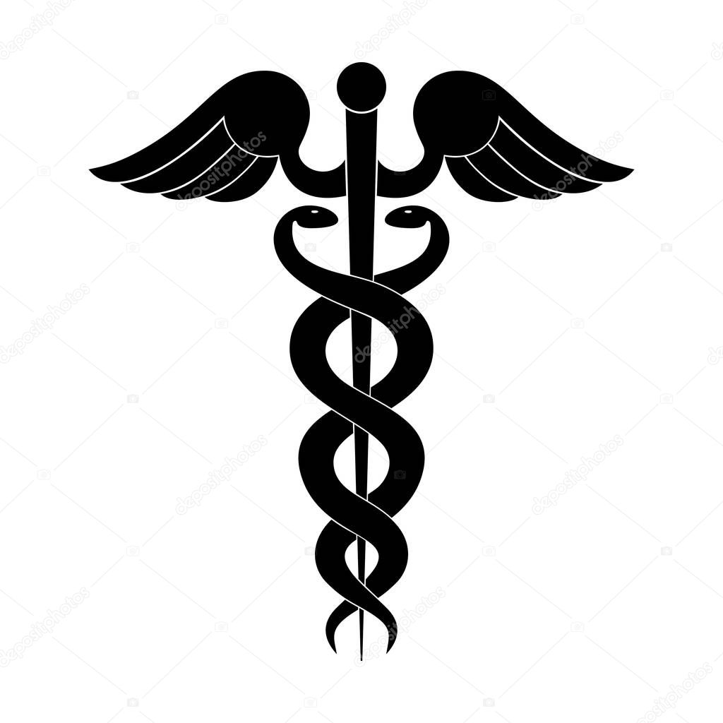 Modern sign of the caduceus. Symbol of medicine. The wand of Hermes with wings and two crossed snakes. Icon isolated on a white background. Vector illustration