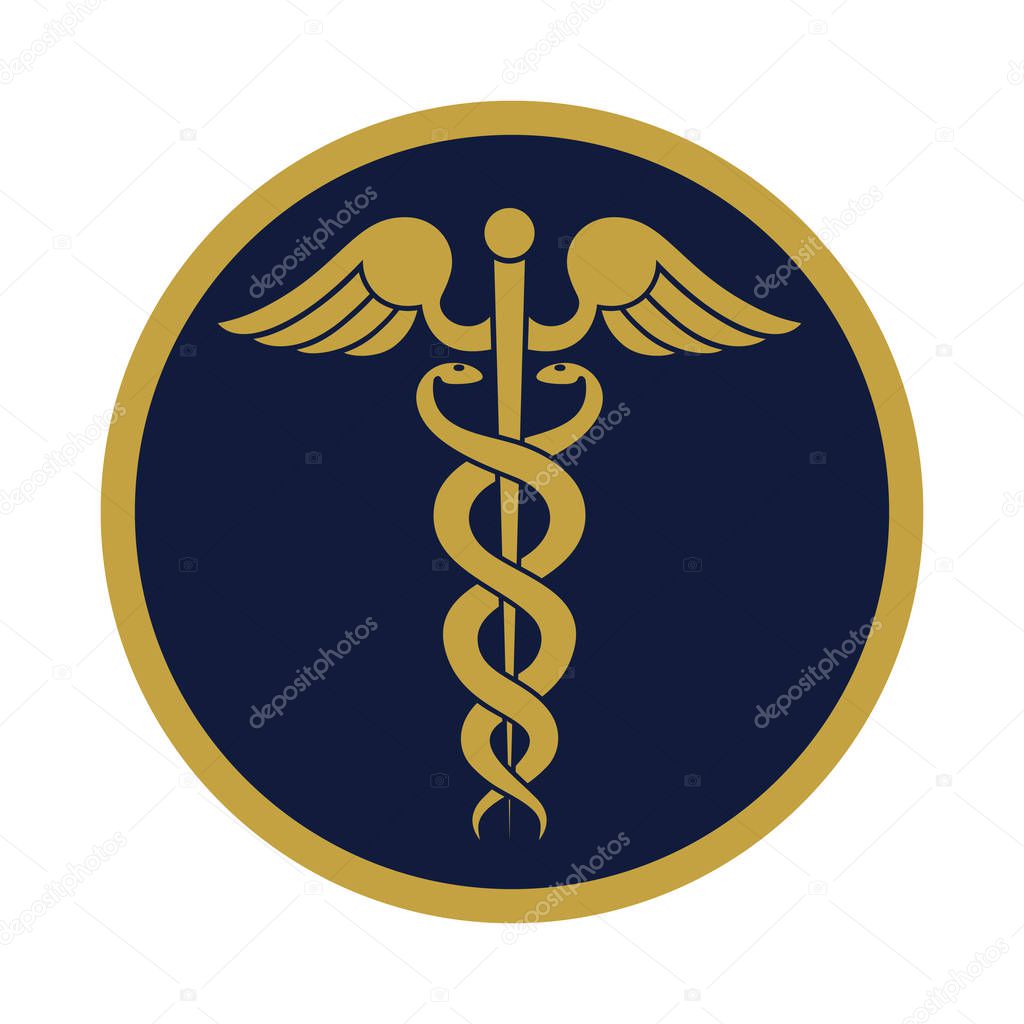 Modern sign of the caduceus. Symbol of medicine. The wand of Hermes with wings and two crossed snakes. Icon isolated on a white background. Vector illustration