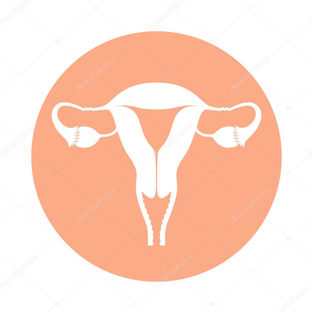 Icon female reproductive organs. Uterus sign in rose circle isolated on white background. Female reproductive system symbol in a flat style. Stock vector illustration. 