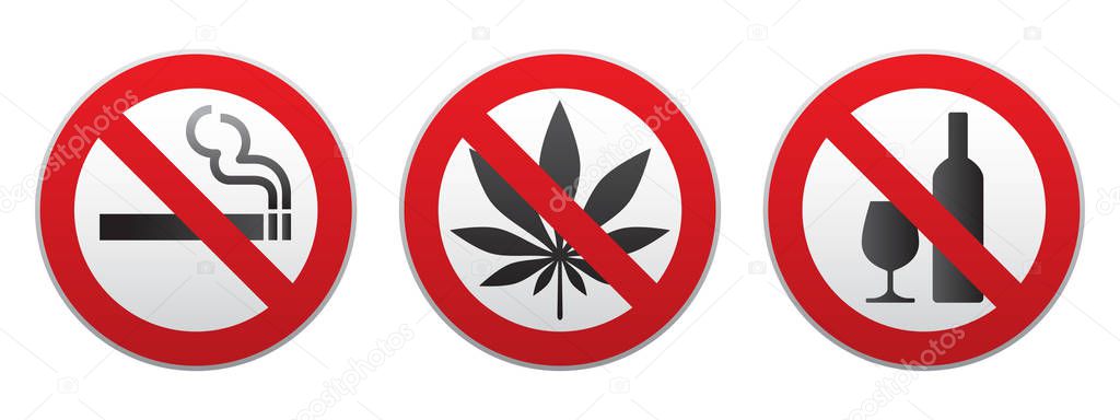 Set of prohibiting signs isolated on white background. Symbols: do not smoke, no alcohol, no drugs. Icons vector illustration