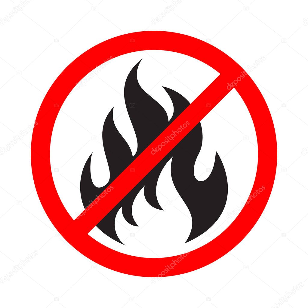 No fire sign. No flame icon. Prohibition sign stop fire. Abstract isolated symbol on white background. Vector illustration