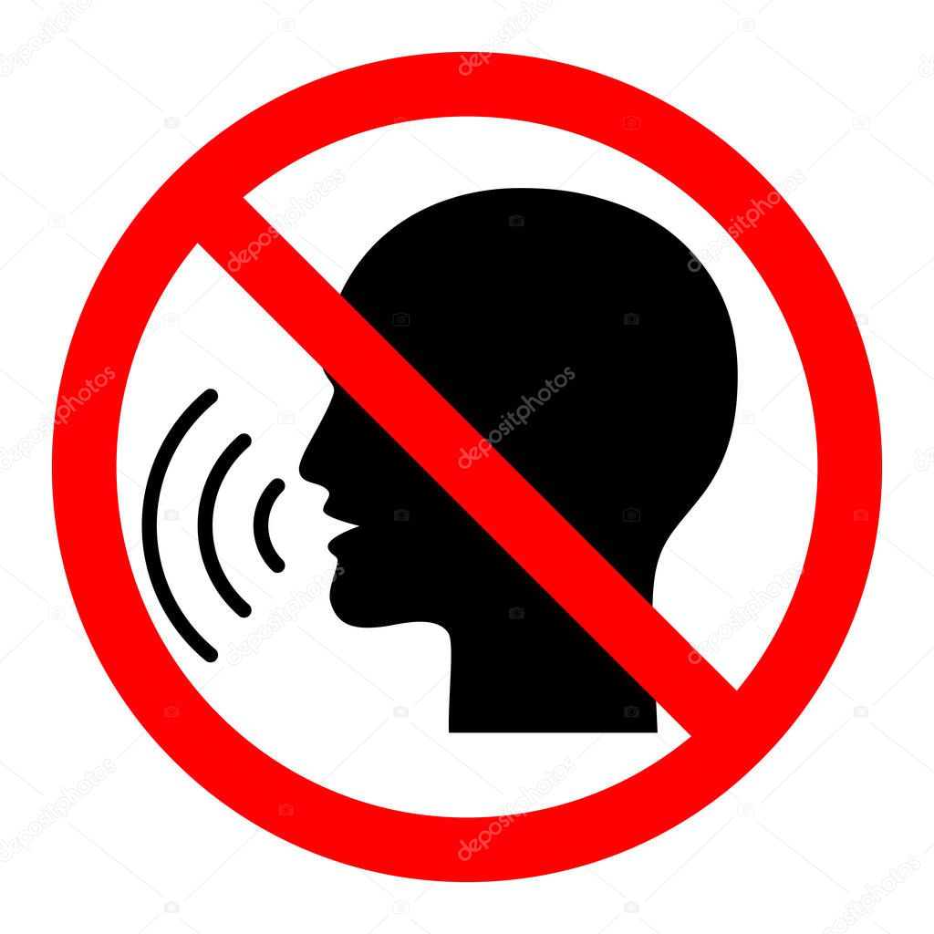 Sign stop talking. Red prohibition sign on black talking head. Isolated icon on white background. Vector
