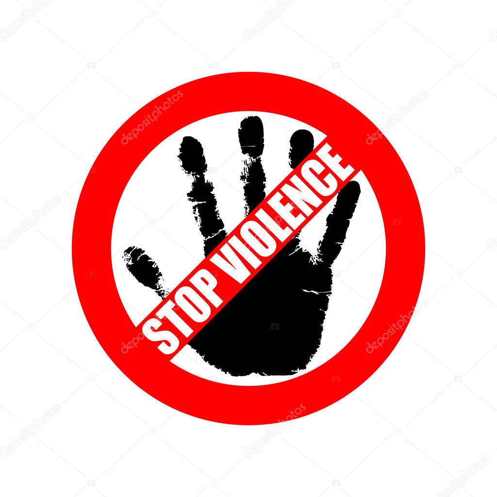 Symbol or sign stop violence. Red prohibition sign over black hand and text 