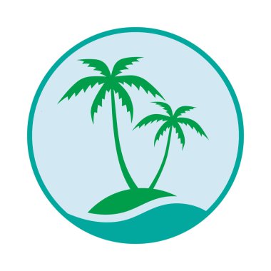 Resort logo Hindistan cevizi avuç içi ve deniz manzaralı. Simge tropik ada. Vektör çizim. 