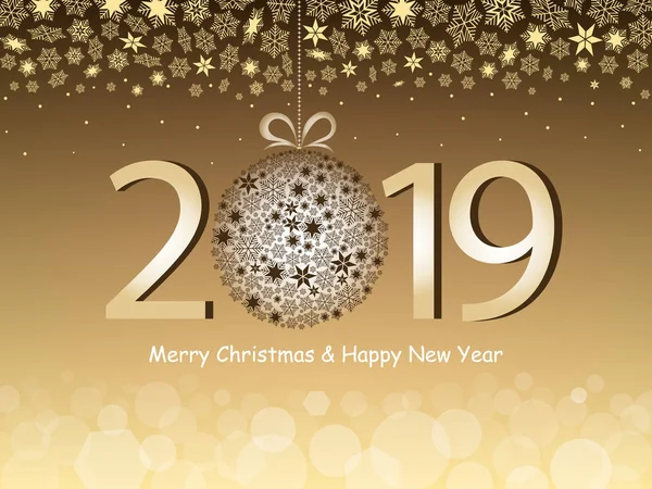 Feliz Navidad Feliz Año Nuevo 2019 Saludando Diseño Oro Ilustración — Vector de stock