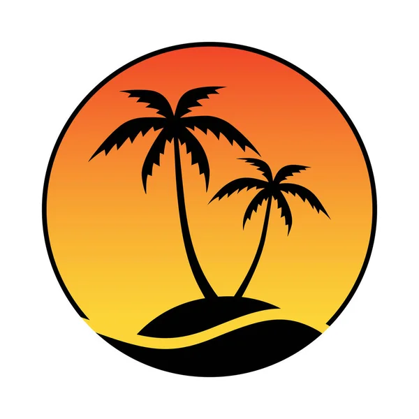 Logotipo Resort Com Pôr Sol Mar Vista Coqueiros Ícone Ilha — Vetor de Stock