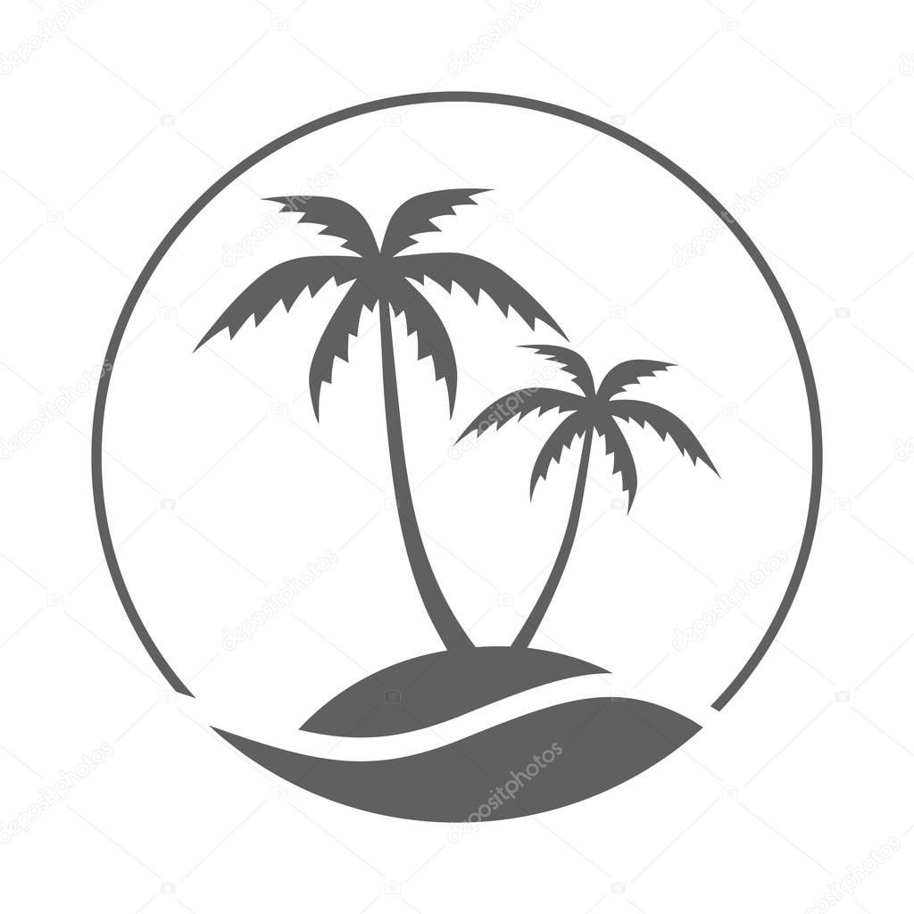 Resort logo with sea and coconut palms view. Icon tropical island. Vector illustration.