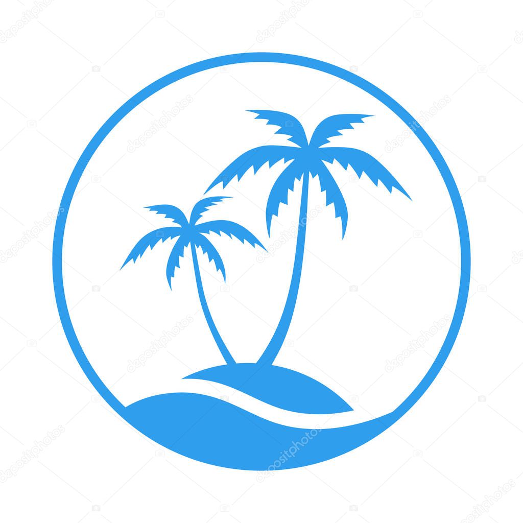Resort logo with sea and coconut palms view. Icon tropical island. Vector illustration. 