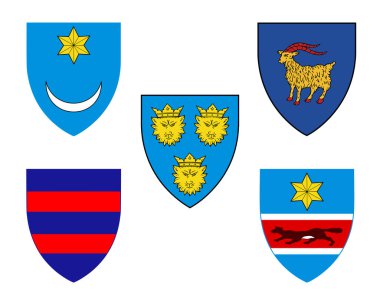 Beş tarihsel arma Hırvatistan: İllirya, Dubrovnik, Dalmaçya, Hırvatistan ama Istria ve Slavonia. Beyaz arka plan üzerinde izole sembolleri. Vektör çizim