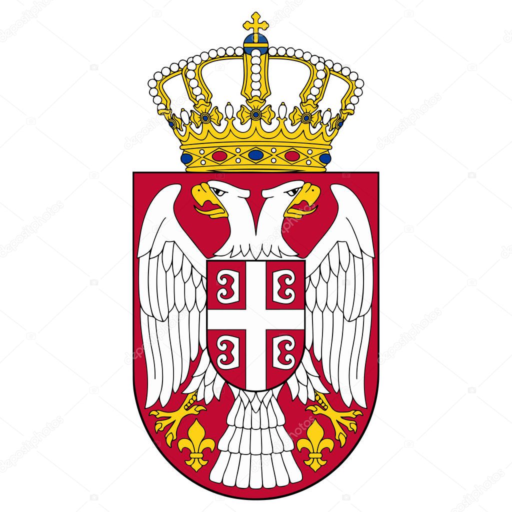 Small coat of arms of Serbia. Silver double-headed eagle on a red shield topped with a crown. Symbol isolated on white background. Serbia flag and coat of arms. Sign vector illustration