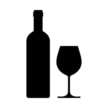 Beyaz arka planda şarap kadehi ikonu olan şarap şişesi. Vektör illüstrasyonu.
