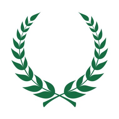 Defne çelengi simgesi. Amblemi defne dalları yaptı. Defne sembolü kaliteli zeytin bitkilerin yaprakları. Beyaz arka plan üzerinde izole yeşil işareti. Vektör çizim