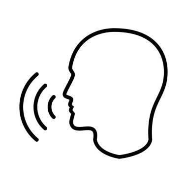 Simgesi ses komutu ses dalgaları ile. İşareti konuşan adam. Beyaz arka plan üzerinde izole baş siluet siyah sembolü. Vektör çizim