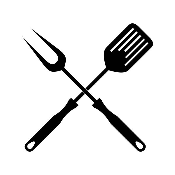BBQ or grill tools icon in flat design. Sign crossed barbecue fork with spatula. Isolated black symbols on white background. Simple silhouette BBQ tools. Logo. Vector illustration