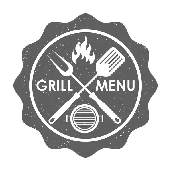 Stempelgrill Menü Schild Gekreuzte Grillwerkzeuge Mit Flamme Und Textgrill Menü — Stockvektor