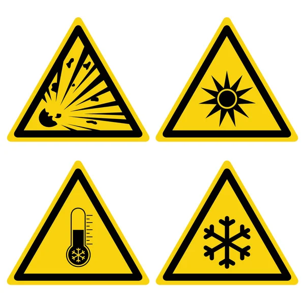 危険性に警告は 黄色の三角形のアイコンを設定します 白い背景の分離記号 ベクトル図 — ストックベクタ