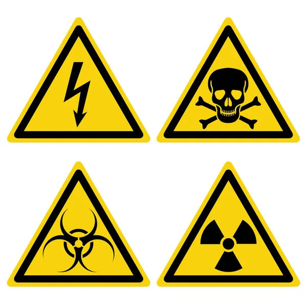 Hazard Warning Set Triangular Yellow Icons Inglés Símbolos Aislados Sobre — Archivo Imágenes Vectoriales