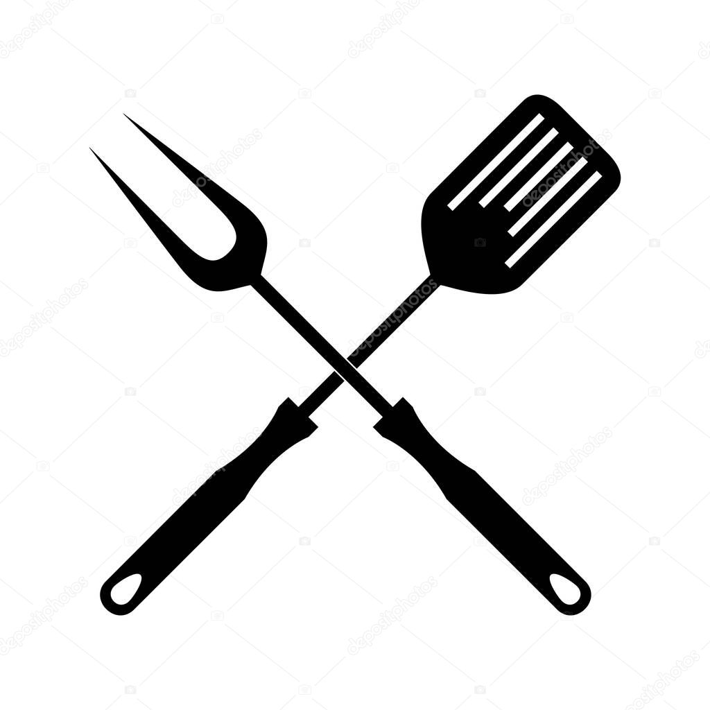 BBQ or grill tools icon in flat design. Sign crossed barbecue fork with spatula. Isolated black symbols on white background. Simple silhouette BBQ tools. Logo. Vector illustration