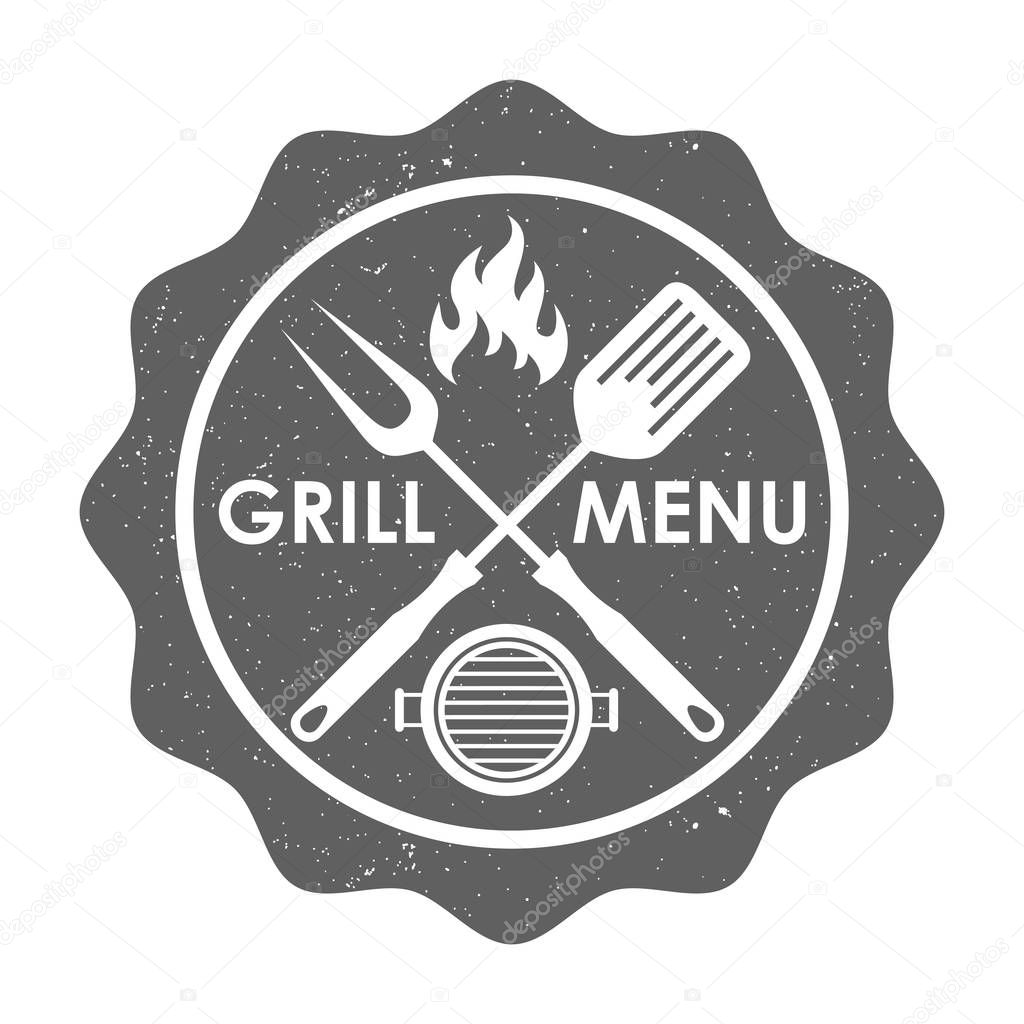 Stamp grill menu. Sign crossed barbecue tools with flame and text grill menu. Isolated symbols on white background. Logo. Vector illustration