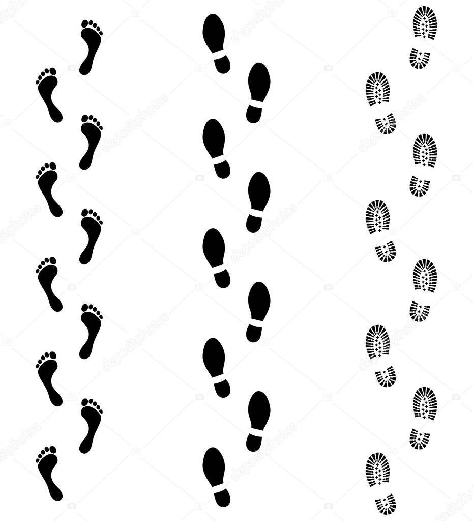 Set symbols footprints humans. Human foots trails. Black signs isolated on white background. Vector illustration