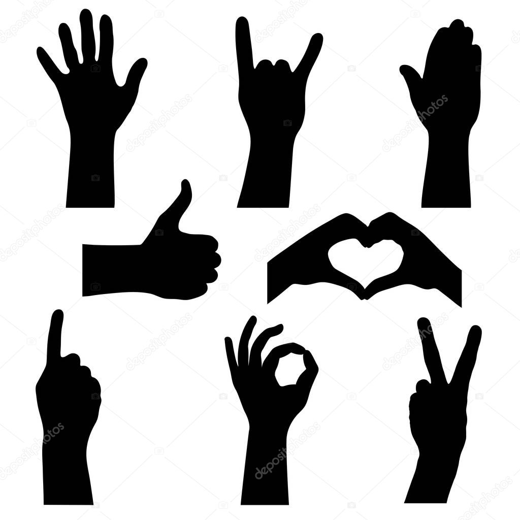 Set signs hand. Gestures hands isolated black symbols on white background. Vector illustration
